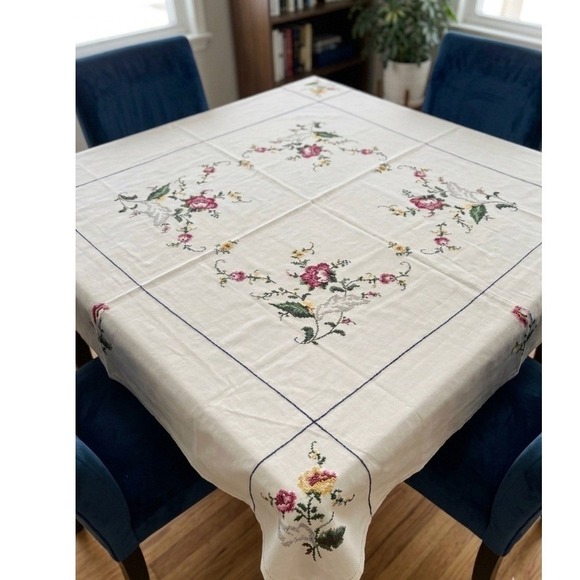 Handmade Other - Vintage Hand Embroidered Cross Stitch Floral Tablecloth White Square 48x50